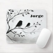 Monogramm einfache Schwarz-Weiß-Vögel in Bäumen | Mousepad (Mit Mouse)