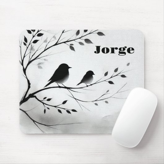 Monogramm einfache Schwarz-Weiß-Vögel in Bäumen | Mousepad (Mit Mouse)