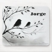 Monogramm einfache Schwarz-Weiß-Vögel in Bäumen | Mousepad (Vorne)