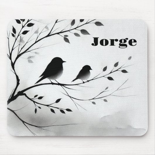 Monogramm einfache Schwarz-Weiß-Vögel in Bäumen | Mousepad (Vorne)