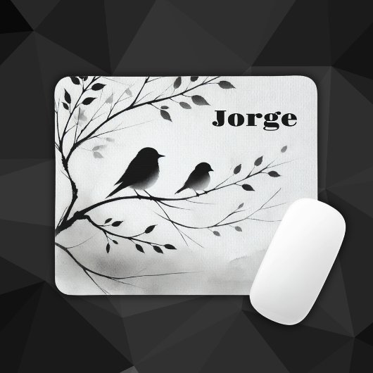 Monogramm einfache Schwarz-Weiß-Vögel in Bäumen | Mousepad