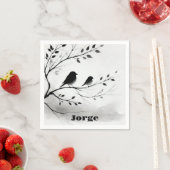 Monogramm einfache Schwarz-Weiß-Vögel in Bäumen | Serviette (Beispiel)
