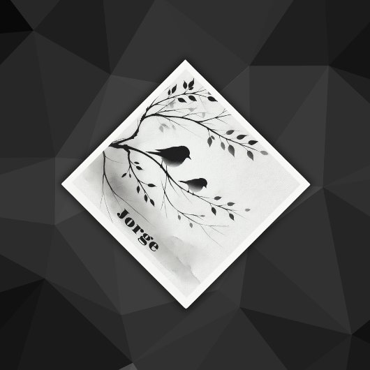 Monogramm einfache Schwarz-Weiß-Vögel in Bäumen | Serviette