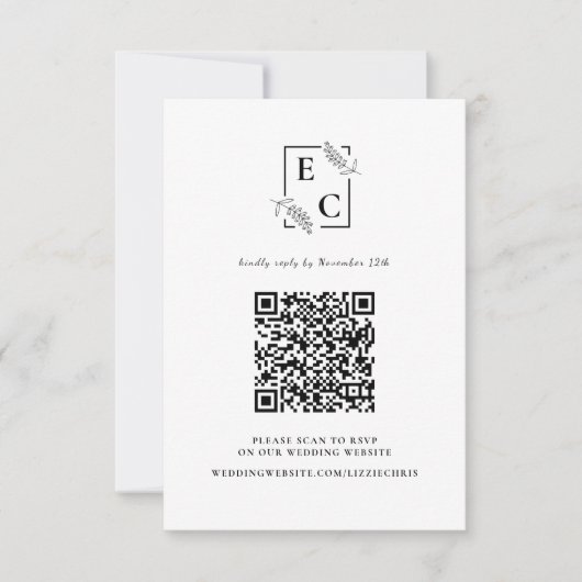 Monogramm Einfache Schwarz-weiße botanische QR-Cod RSVP Karte (Vorderseite)