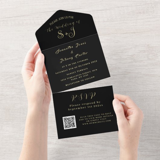 Monogramm Einfache Schwarze Gold QR-Code Hochzeit All In One Einladung (Abreißen)