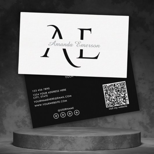 Monogramm einfaches Schwarz-Weiß-QR-Code Visitenkarte