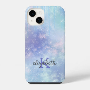Monogramm-Eiszapfen-Schneeflocken Blau Lila Trend iPhone 14 Hülle