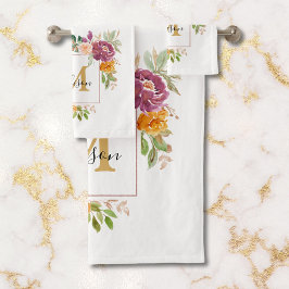 Monogramm Eleganfarbene Rose Floral Botanisch Badhandtuch Set
