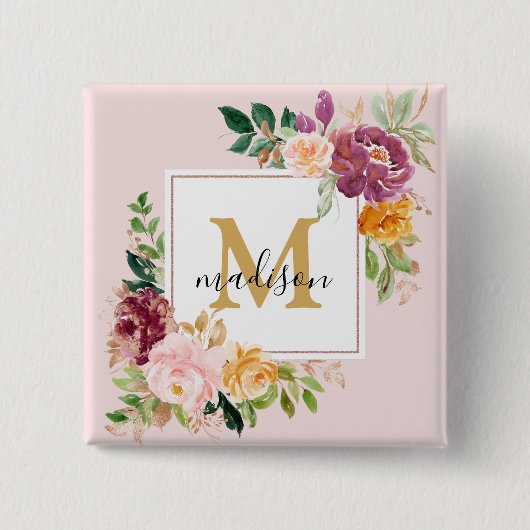 Monogramm Eleganfarbene Rose Floral Botanisch Button (Vorderseite)