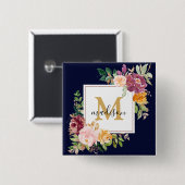 Monogramm Eleganfarbene Rose Floral Botanisch Button (Vorne & Hinten)