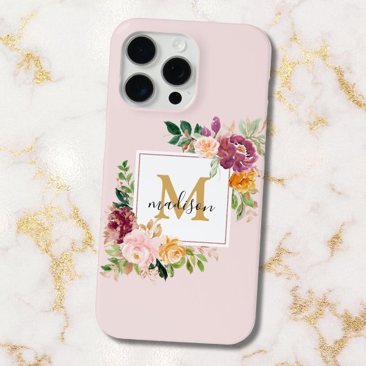 Monogramm Eleganfarbene Rose Floral Botanisch Case-Mate iPhone Hülle