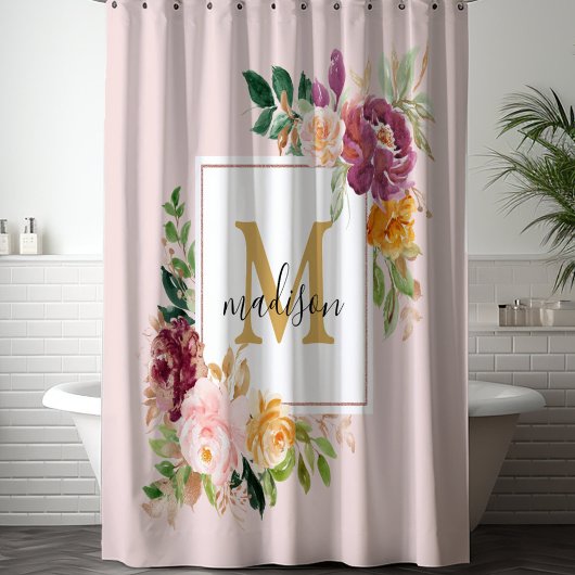 Monogramm Eleganfarbene Rose Floral Botanisch Duschvorhang