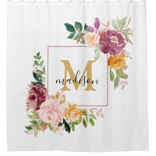Monogramm Eleganfarbene Rose Floral Botanisch Duschvorhang (Vorderseite)