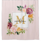 Monogramm Eleganfarbene Rose Floral Botanisch Duschvorhang (Vorderseite)