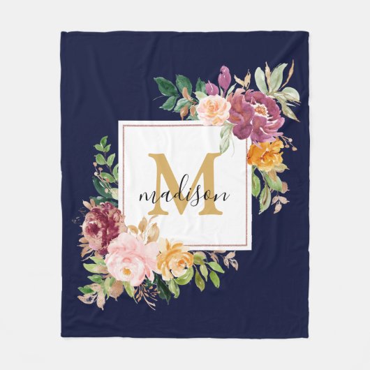 Monogramm Eleganfarbene Rose Floral Botanisch Fleecedecke (Vorderseite)
