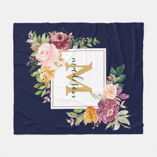 Monogramm Eleganfarbene Rose Floral Botanisch Fleecedecke (Vorderseite (Horizontal))