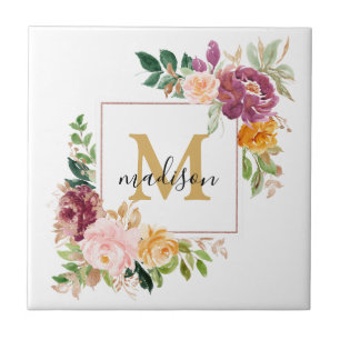 Monogramm Eleganfarbene Rose Floral Botanisch Fliese