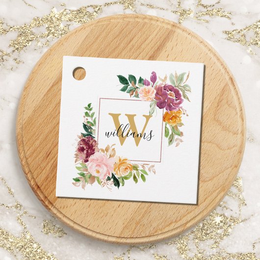 Monogramm Eleganfarbene Rose Floral Botanisch Geschenkanhänger