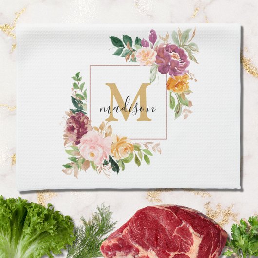 Monogramm Eleganfarbene Rose Floral Botanisch Geschirrtuch
