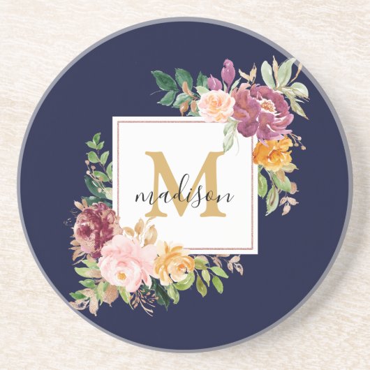 Monogramm Eleganfarbene Rose Floral Botanisch Getränkeuntersetzer (Vorne)