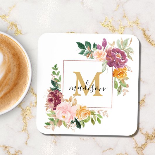 Monogramm Eleganfarbene Rose Floral Botanisch Getränkeuntersetzer