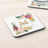 Monogramm Eleganfarbene Rose Floral Botanisch Getränkeuntersetzer (Linke Seite)