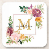 Monogramm Eleganfarbene Rose Floral Botanisch Getränkeuntersetzer (Vorderseite)