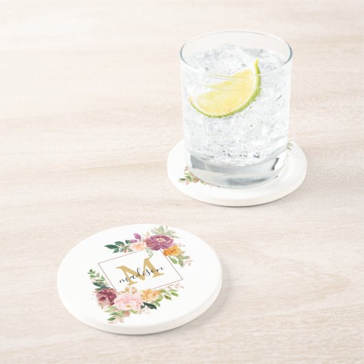 Monogramm Eleganfarbene Rose Floral Botanisch Getränkeuntersetzer (Seite)