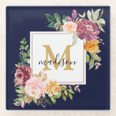 Monogramm Eleganfarbene Rose Floral Botanisch Glasuntersetzer (Vorderseite)