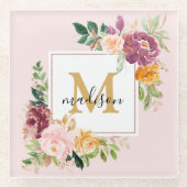Monogramm Eleganfarbene Rose Floral Botanisch Glasuntersetzer (Vorderseite)