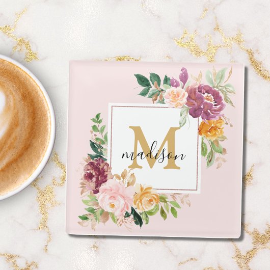 Monogramm Eleganfarbene Rose Floral Botanisch Glasuntersetzer