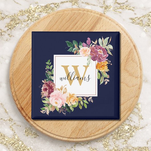 Monogramm Eleganfarbene Rose Floral Botanisch Magnet