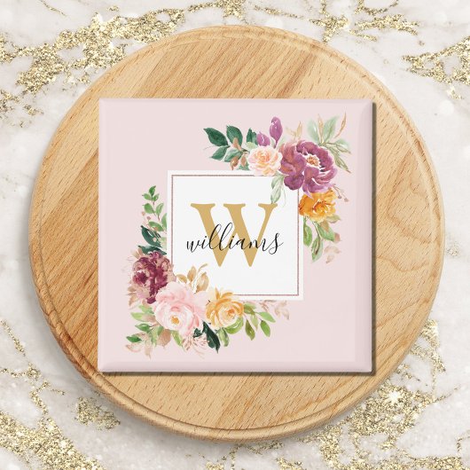 Monogramm Eleganfarbene Rose Floral Botanisch Magnet
