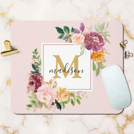 Monogramm Eleganfarbene Rose Floral Botanisch Mousepad