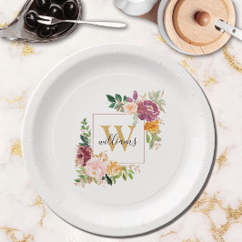 Monogramm Eleganfarbene Rose Floral Botanisch Pappteller