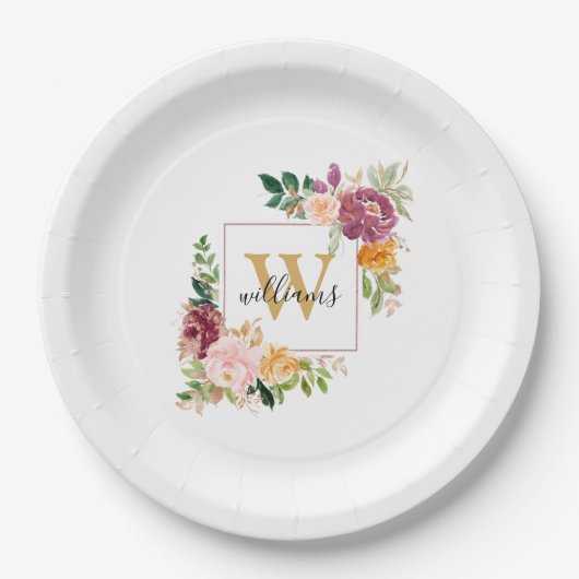Monogramm Eleganfarbene Rose Floral Botanisch Pappteller (Vorderseite)