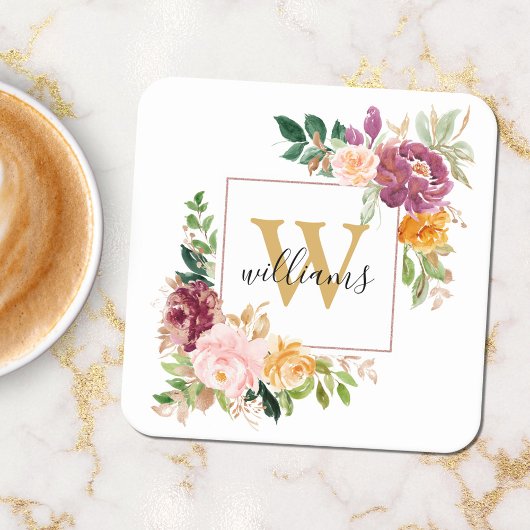 Monogramm Eleganfarbene Rose Floral Botanisch Rechteckiger Pappuntersetzer