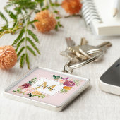 Monogramm Eleganfarbene Rose Floral Botanisch Schlüsselanhänger (Seite)