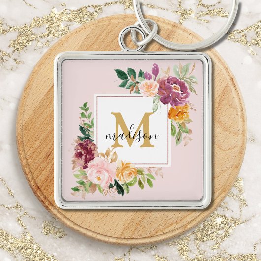 Monogramm Eleganfarbene Rose Floral Botanisch Schlüsselanhänger