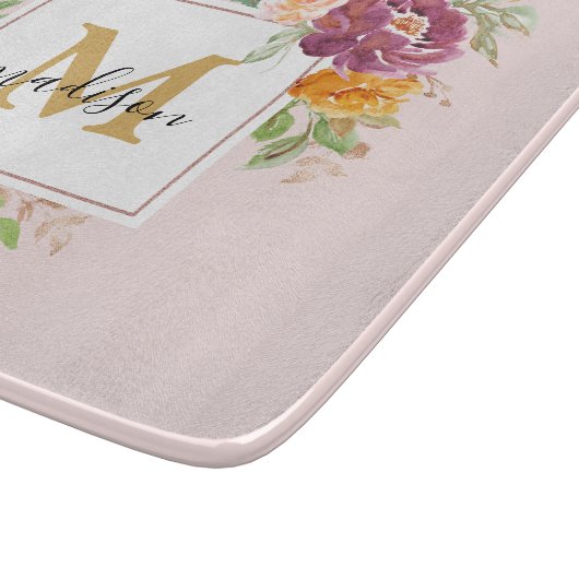 Monogramm Eleganfarbene Rose Floral Botanisch Schneidebrett (Ecke)