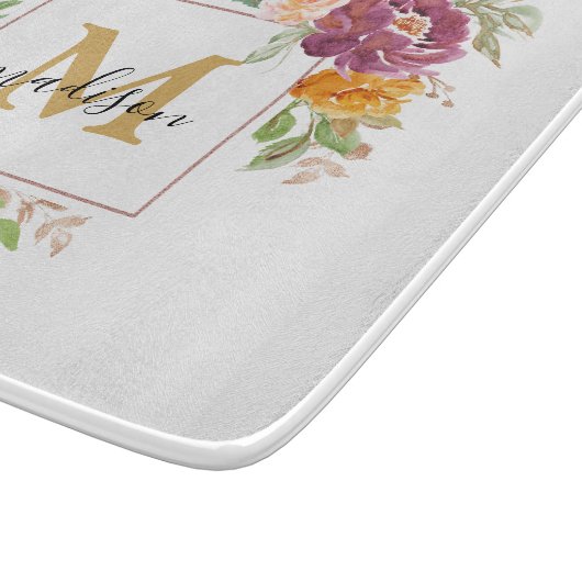 Monogramm Eleganfarbene Rose Floral Botanisch Schneidebrett (Ecke)