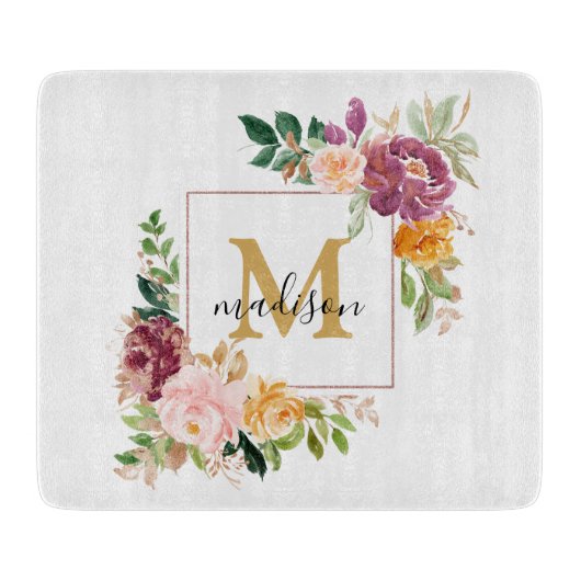Monogramm Eleganfarbene Rose Floral Botanisch Schneidebrett (Vorderseite)
