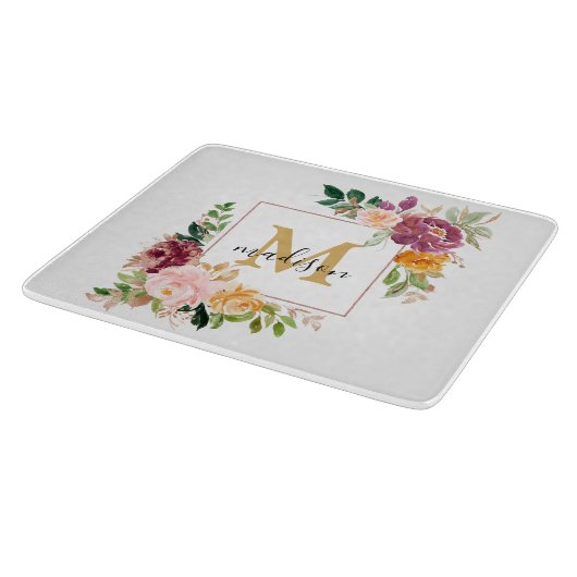 Monogramm Eleganfarbene Rose Floral Botanisch Schneidebrett (Ecke)