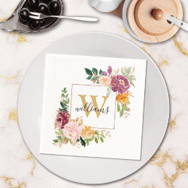 Monogramm Eleganfarbene Rose Floral Botanisch Serviette