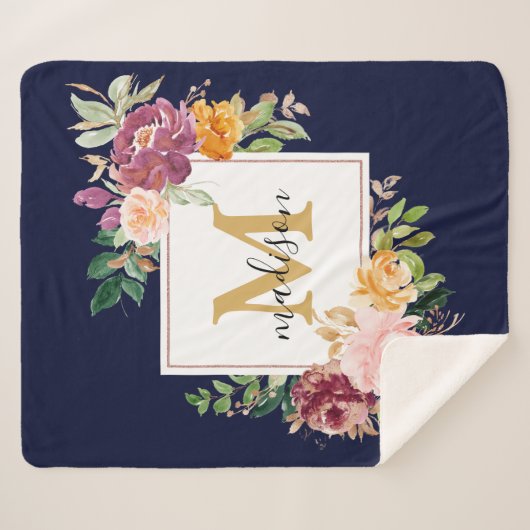 Monogramm Eleganfarbene Rose Floral Botanisch Sherpadecke (Vorderseite (Horizontal))