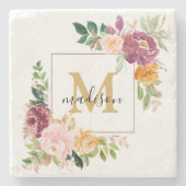 Monogramm Eleganfarbene Rose Floral Botanisch Steinuntersetzer (Vorderseite)