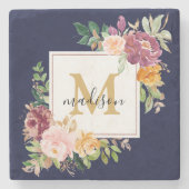 Monogramm Eleganfarbene Rose Floral Botanisch Steinuntersetzer (Vorderseite)