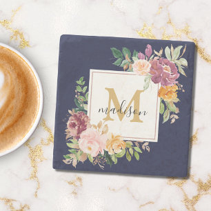 Monogramm Eleganfarbene Rose Floral Botanisch Steinuntersetzer