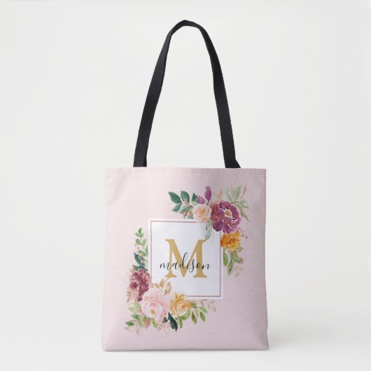 Monogramm Eleganfarbene Rose Floral Botanisch Tasche (Vorderseite)