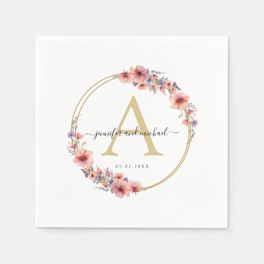 Monogramm, elegant, Wildblume, Kreishochzeit Serviette (Vorderseite)